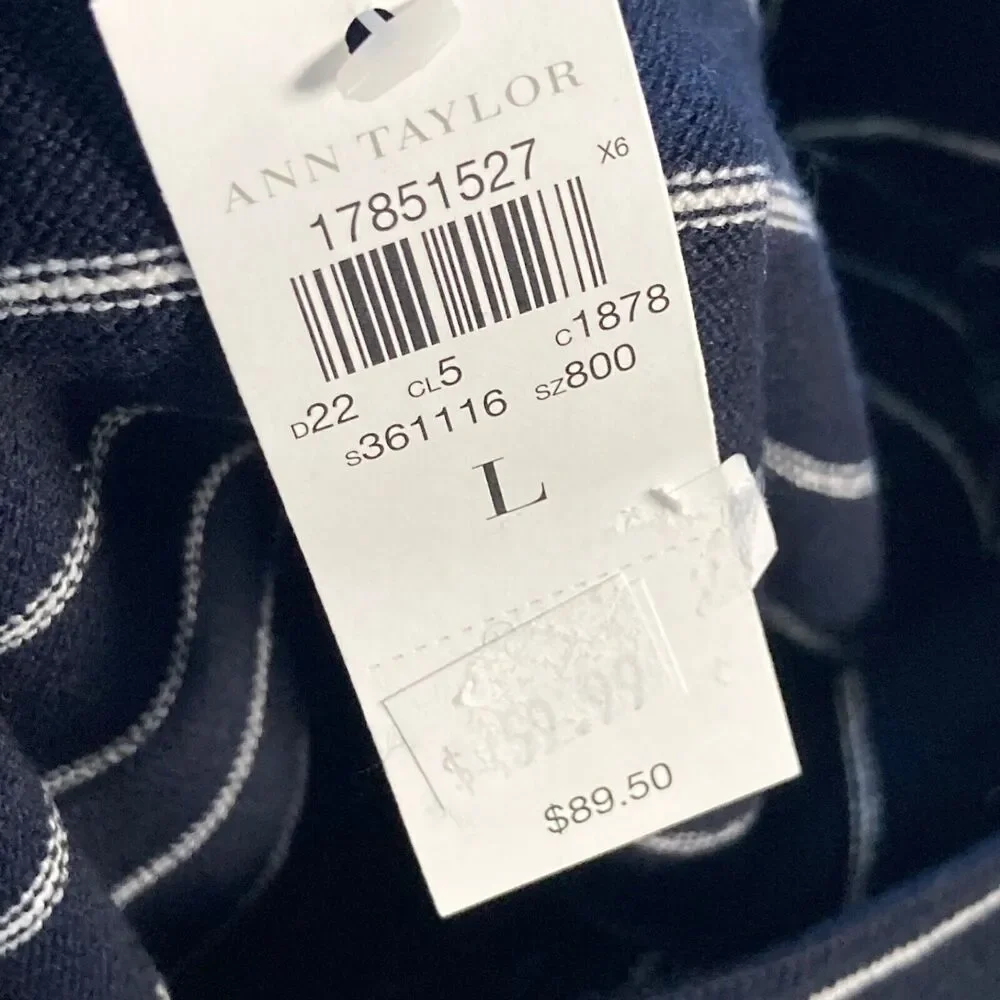 Ann Taylor Sweater Womens Large Navy Blue‎ Striped Welt Pocket Wool Blend